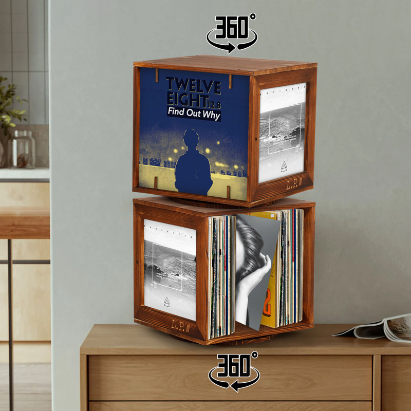 Millwood Pines Claydon 360 Rotating LP Record Storage Cube Solid Wood